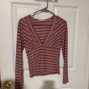 Forever 21 Mauve Striped V-Neck Long Sleeve Top
